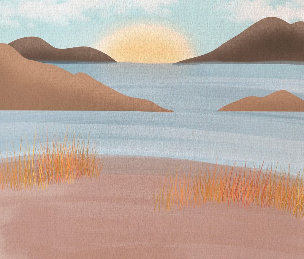 sun, lake, mountains, painting, nature, landscape, drawing, art, background, water, painting, painting, painting, painting, painting, drawing, background, background